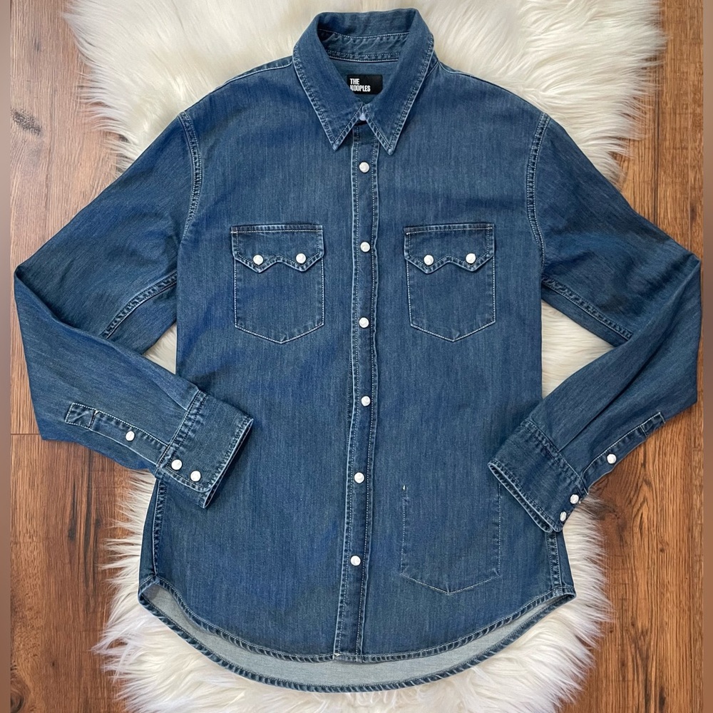 The Kooples Women’s Western Pearl Snap Denim Shirt Sawtooth Pocket, Size MEDIUM